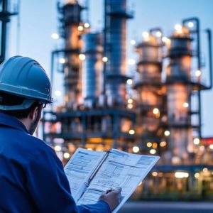 A man is wearing a white hard hat and safety gear while holding a clipboard and standing in front of large industrial oil refinery equipment and pipelines.